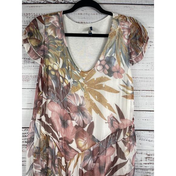 Lola Dress Women's Large Pink Floral Silk Asymmetrical Boho Lace Hem Made Italy - Picture 2 of 7